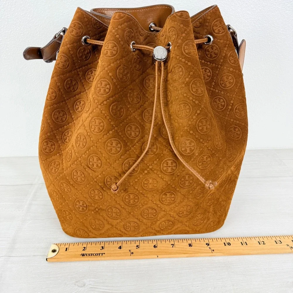 NWT Tory Burch T Monogram Suede Oversized Bucket Bag OS Chicory Brown Drawstring